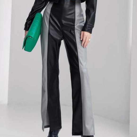 Two tone grey and black leather flare pants - Picture 3 of 4